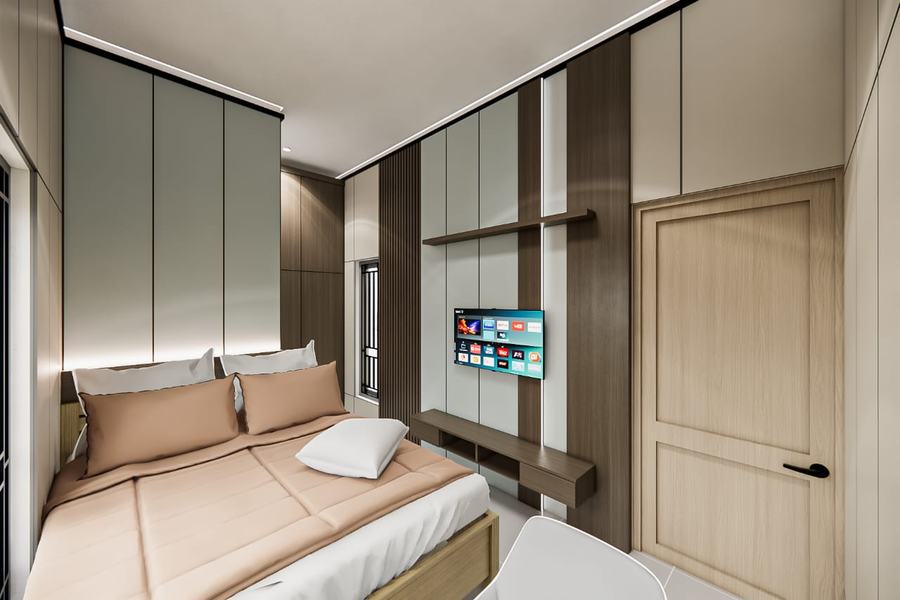 Desain 3D room set kamar tidur dengan lemari, panel TV, dan tempat tidur