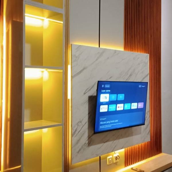 Detail rak LED, panel lis, dan meja TV